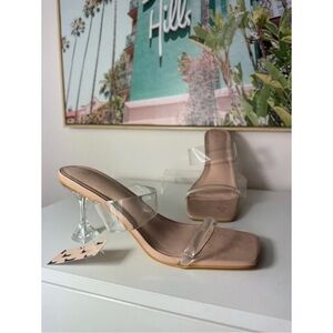 Clear-Strap Nude Mule Heels with Sculpted Lucite Heel